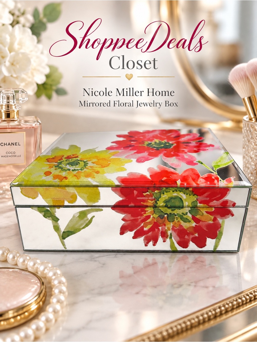 Nicole Miller Home Mirrored Floral Jewelry Box